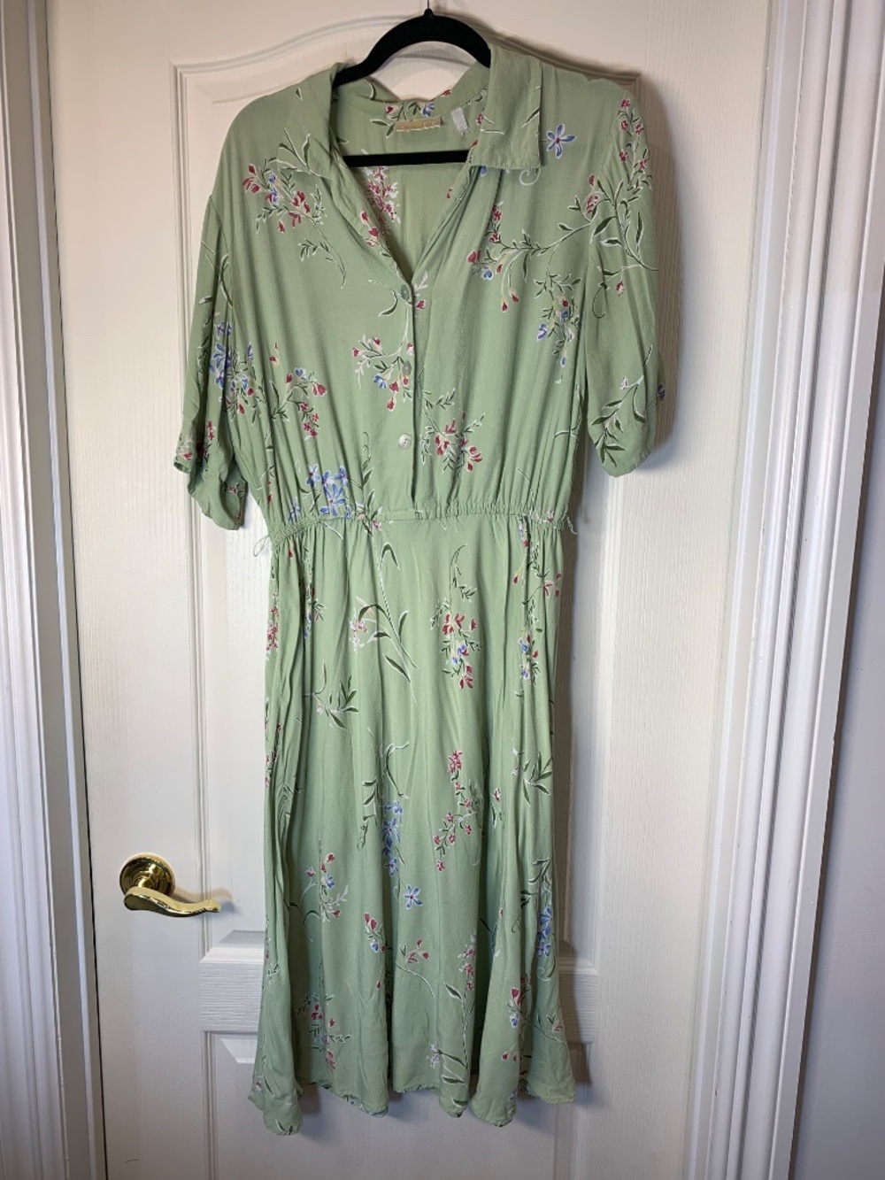 California Style Vintage Floral Midi Dress Sage Green Cottagecore Size L Y2K